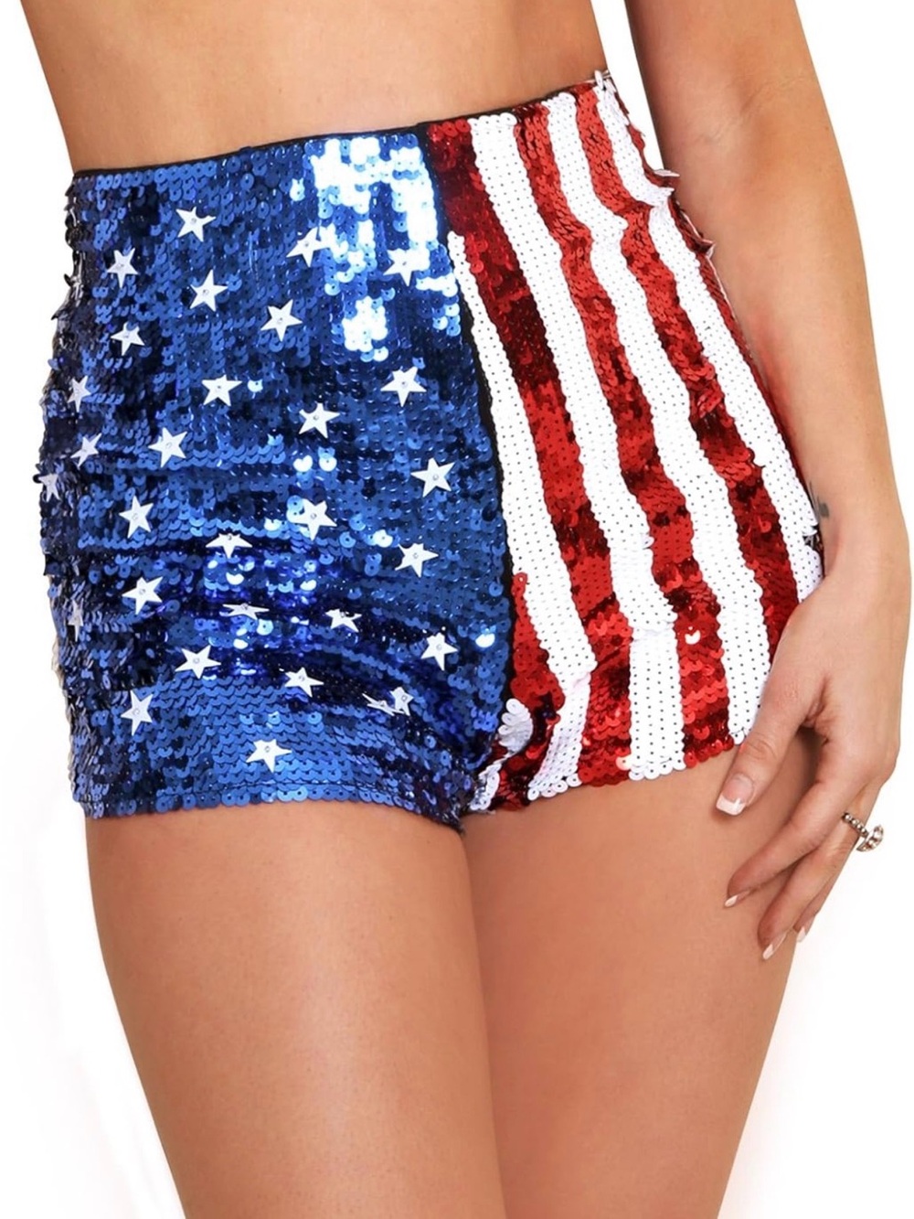 Amazon High-Waist Sequin American Flag Shorts - Blue, Red, White